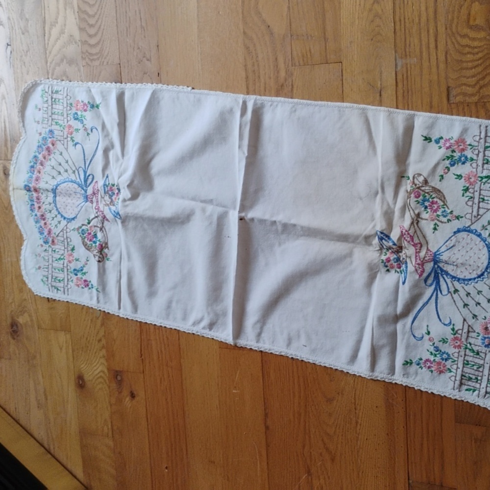 🌺 DOILY BEAUTIFULBELLE in GARDEN EMBROIDERED Vintage COTTON 16 X 40 - Picture 5 of 16